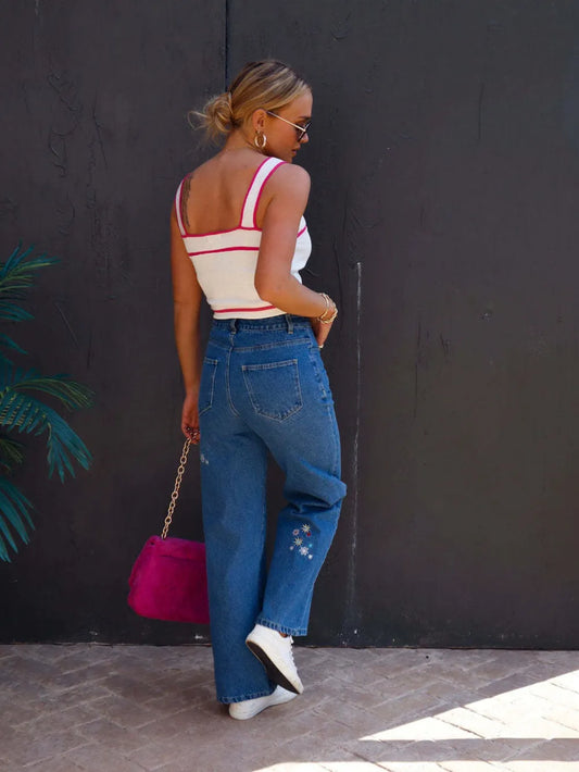 Fashionable and versatile floral embroidery slimming women's denim wide leg pants