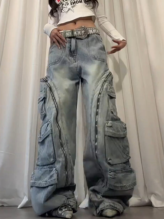 Washed multi pocket workwear jeans women's street straight leg loose wide leg pants